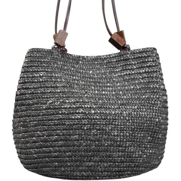 Charter Club Classics Woven Straw Shoulder Bag Black Wooden Bead Handles accents - Picture 3 of 10